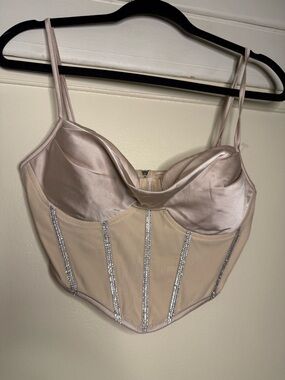 Satin Bustier Corset Top in Nude with Rhinestone Trim